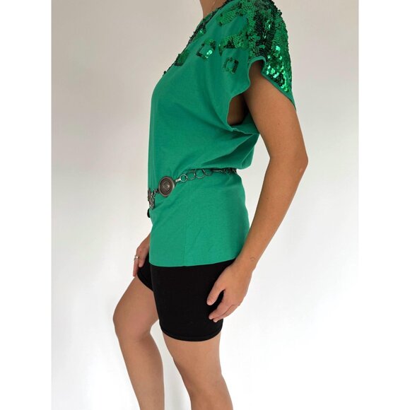 80s vintage green sequin embellished funky cotton short sleeved tee shirt large - Picture 3 of 10
